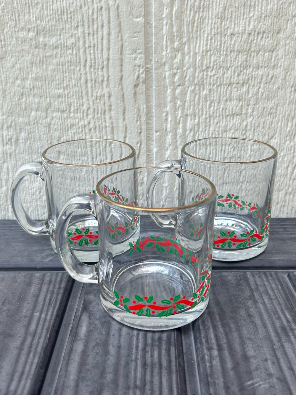 Set of 3 Libbey Christmas Mugs Glass Gold Trim Holly